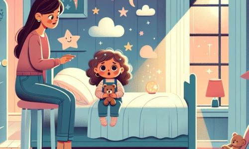 Uma menina de 2 anos, Clara, com cabelos cacheados e castanhos, grandes olhos curiosos, está sentada em sua cama, com um leve sorriso no rosto, segurando um bichinho de pelúcia. Ela observa uma luz suave que brilha ao seu lado, iluminando seu rosto com um brilho acolhedor. Sua mãe, uma mulher na casa dos trinta anos, com cabelos longos e castanhos, está perto da porta, sorridente e reconfortante, fazendo um gesto de encorajamento. A cena acontece em um quarto infantil aconchegante, pintado em tons pastéis com estrelas e nuvens nas paredes. Um tapete macio está no chão, e brinquedos estão espalhados ao redor da cama. A luz suave cria uma atmosfera tranquila, contrastando com a escuridão do lado de fora da janela. Clara, um pouco ansiosa mas confortada, observa a luz que brilha na escuridão, pronta para adormecer, enquanto sua mãe cuida dela, contando uma história para afastar seus medos.