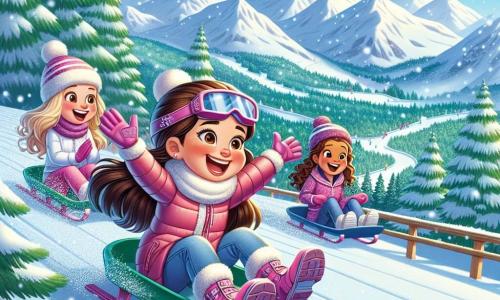 Clara, uma menina de 12 anos com longos cabelos castanhos e óculos, está deslizando em uma pista coberta de neve, com um grande sorriso no rosto. À sua direita, Sofia, também de 12 anos, com cabelos loiros e um macacão de esqui rosa, a incentiva levantando os braços, cheia de entusiasmo. À esquerda, Joana, outra menina de 12 anos com cabelos castanhos e cacheados, faz uma pausa, rindo e aplaudindo Clara. O cenário é uma linda estação de esqui, com montanhas majestosas cobertas de neve cintilante sob um céu azul radiante. Pinheiros verdes cercam a pista, e flocos de neve caem suavemente ao redor delas, criando uma atmosfera mágica. A situação principal mostra Clara e suas amigas em uma competição amigável, deslizando juntas na pista, unidas pelo espírito de equipe e pela alegria de compartilhar essa aventura de inverno.