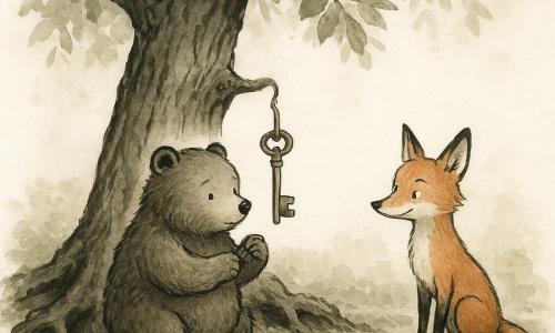 A small round brown bear, Barnaby, with textured fur and gentle, focused eyes and a calm, amazed expression holds a bronze key before an old oak with gnarly roots; a slim red fox, Felix, stands slightly behind to the right with a curled tail and a playful yet respectful gaze, watching the key with curiosity and a slight smile; the massive oak has deeply furrowed bark and intertwined roots forming a small cavity, broad leaves rendered in ink wash with pale green touches, while the ground is covered in green moss, fallen leaves and small stones and soft morning light filters through the foliage in pale golden patches—a quiet moment of discovery as Barnaby has just found the key on an ancient hook, hinting at mystery and adventure.