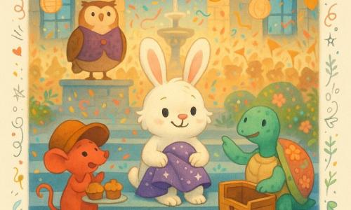Benny, a small fluffy white rabbit with round ears sits on the blue library steps smiling with a folded starry purple cape on his knees; to his right Pip, a small red mouse with an oversized hat, applauds while holding a tray of mini muffins; to his left Tilly, a turquoise turtle with a floral shell, points to the wooden box for the cape; in the background a portly owl mayor in a purple vest stands proudly on a podium as the scene in front of a stone library with wide blue windows, paper lantern garlands and a central circular fountain shows the gentle aftermath of a parade—the cape held like a treasure, a blurred joyful crowd, warm lights, confetti, ribbons and carnival details creating a festive, tender atmosphere.