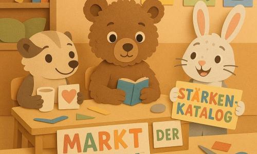Bram, ein junger Braunbär mit weichem lockigem Fell und konzentriert-ruhigem Blick, sitzt an einem hellen Holztisch, hält ein blaues Notizbuch und einen glatten grauen Kiesel in der Pfote; links von ihm Mila, ein kleines Wiesel mit fein gezeichnetem gestreiftem beige-braunem Fell, lächelt und hält einen Becher Wasser und zeigt ein Herz auf einem Blatt; rechts Jaro, ein Hase mit großen rosa Ohren und gesprenkeltem weißem Fell, präsentiert ein buntes Schild mit der Aufschrift Stärken-Katalog; im warmen Klassenzimmerhintergrund Regale aus Holz, grüne Sitzkissen, bunte Plakate sowie verstreute Scheren und Papierschnipsel; Szene: die drei Tierkinder präsentieren ruhig ihren Stand beim Markt der Ideen mit bunten Plakaten, Symbolen (Ohr, Lupe, Laterne) und kleinen Karten; sanftes Licht, überlagerte Papiertexturen, präzise Konturen und warme Farben.