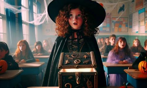 O fată de 12 ani, Ana, cu părul castaniu ondulat și ochi verzi strălucitori, stă în centrul unei săli de clasă decorate pentru Halloween. Ea poartă un costum de vrăjitoare negru cu o mantie mare și o pălărie ascuțită, afișând un zâmbet uimit și curios în timp ce deschide o cutie muzicală misterioasă. Lângă ea, cea mai bună prietenă Maria, tot de 12 ani, are părul lung și drept, purtând o rochie de vrăjitoare violetă. Ea privește cutia cu o expresie de entuziasm amestecat cu teamă, stând puțin înapoi, cu mâinile pe șolduri. Sala de clasă este plină de decorațiuni de Halloween: pânze de păianjen suspendate de tavan, fantome din hârtie agățate de pereți și dovleci sculptați care strălucesc ușor în lumina difuză. Colegii de clasă, toți în costume variate, sunt așezați la birouri, observând scena cu ochii mari. Situația principală o arată pe Ana deschizând cutia muzicală, în timp ce o ceață misterioasă începe să iasă, umplând camera cu o atmosferă magică și intrigantă, captând atenția tuturor copiilor prezenți.