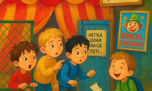 Sunt patru băieți de 5 ani: Dodo, cu păr brun dezordonat și privire vioaie, lipit de gard cu mâinile pe el; Luca, blond, curiozitate pe față, în stânga-centru, indicând ușa; Matei, cu păr negru și rucsac albastru, surprins în timp ce un bilet îi zboară din mână; Radu, șaten deschis, râzând, cu un bilet pe pantoful roșu, gata să cadă. În fața lor e o mare cort de circ roșu și galben, luminată cu ghirlande calde, cu un poster „Circul Curcubeului” pe un stâlp; în prim-plan un gard verde uzat, în spate o ușă mică bleu cu o plăcuță „CULISE – intră doar dacă ești… curajos și politicos”. Terenul e de pământ cu confetti și urme de pași; atmosfera e vie, fețele arată surpriză și veselie, culori saturate și umbre moi.