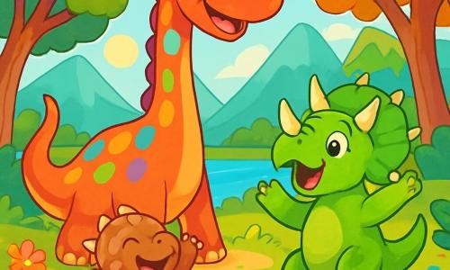 Un diplodocus llamado Domu, con un largo cuello y una piel cubierta de manchas brillantes de arcoíris, sonríe alegremente mientras mira a sus amigos. Sus ojos brillan de felicidad y su gran cola está levantada en señal de emoción. A su lado, Tula, un triceratops con cuernos afilados y piel verde, salta de alegría, sus ojos abiertos de sorpresa. Mino, un pequeño ankylosaurus con escamas marrones, está cerca de Domu, levantando las patas en el aire mientras ríe. La escena tiene lugar en un valle verde, rodeado de majestuosas montañas, con árboles gigantes de hojas coloridas y flores brillantes que bailan al viento. Al fondo, un lago azul brilla bajo el sol, reflejando los colores vivos de los dinosaurios. Domu y sus amigos acaban de liberar un camino bloqueado por una gran roca, y celebran su victoria juntos, riendo y bailando a la luz dorada del día.
