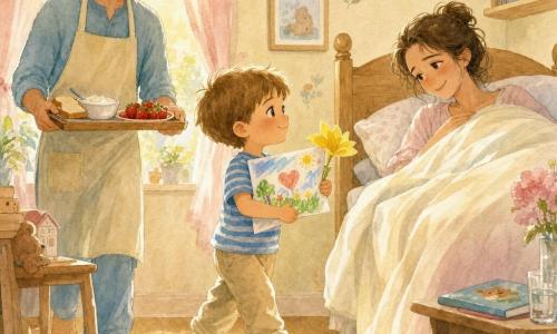 Un niño de 4 años, rostro redondo, cabello castaño claro corto, ojos grandes y brillantes, expresión tierna y concentrada, lleva camiseta a rayas azules y pantalón beige; sostiene un dibujo colorido y una flor de papel amarilla y camina de puntillas. Un hombre (padre, ~35 años), con barba de varios días, cabello castaño despeinado, sonrisa suave y delantal claro, sostiene una bandeja con un cuenco de yogur, rebanadas de pan y fresas rojas, caminando en silencio detrás del niño. Una mujer (madre, ~33 años), pelo largo recogido en un moño suelto, ojos cansados pero sonrientes, cubierta hasta el pecho, está sentada en una cama grande con cabecero de madera mirando con ternura. Habitación luminosa de mañana: sol cálido que forma una mancha dorada en el suelo de madera, cortinas translúcidas rosas, paredes crema con pocos adhesivos de animales, mesa pequeña y felpudo junto a la cama; ambiente suave y tranquilo. Escena principal: momento silencioso y afectuoso en el que el niño lleva el desayuno y su dibujo a la madre en la cama, la bandeja es colocada delicadamente por el padre; gestos lentos y respetuosos, atmósfera íntima y luminosa en tonos pastel con toques de rojo fresa y amarillo.