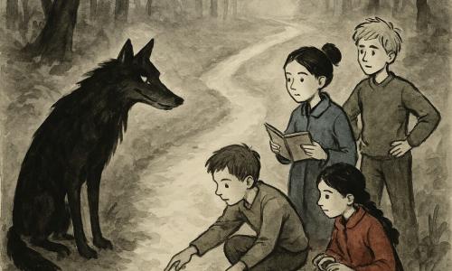 Hay cinco personajes: Vera, niña de unos 11 años, trenza y chaqueta roja, al centro-izquierda del sendero sosteniendo un pequeño cesto; Tomás, niño de unos 11 años, pelo corto castaño y pantalones embarrados, a la derecha de Vera agachado señalando huellas; Inés, niña de unos 11 años, pelo negro recogido y abrigo azul, al frente del grupo con un cuaderno y lápiz; Bruno, niño de unos 11 años, pelo rubio despeinado y suéter verde, detrás a la derecha con las manos en las caderas; y el lobo, gran cánido oscuro de pelaje casi negro y ojos amarillos, en el lado izquierdo del cruce proponiendo un atajo. Lugar: una bifurcación en un bosque denso de troncos oscuros, suelo cubierto de hojas húmedas y musgo, un pequeño arroyo lodoso junto al camino torcido y luz crepuscular con niebla alrededor de las raíces. Situación: el lobo seduce con un atajo desde la sombra mientras los cuatro niños, agrupados en el sendero recto, dudan pero permanecen vigilantes; Inés muestra su cuaderno como evidencia, Tomás señala las huellas, Vera aprieta el cesto y Bruno observa escéptico, tensión entre la tentación del camino torcido y la prudencia del camino derecho.