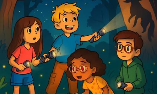 There are 4 children: Emily, an 11-year-old girl with long brown hair and sparkling eyes, wearing a pink t-shirt and denim shorts, holding a flashlight and curiously looking at the starry sky; Sam, an 11-year-old boy with messy blonde hair and a big smile, dressed in a blue t-shirt and cargo pants, standing forward and pointing his flashlight at a mysterious tree; Mia, a 10-year-old girl with curly hair and round glasses, wearing a floral dress and leaning down to observe twinkling fireflies around them; and Liam, an 11-year-old boy with brown hair and glasses, in a green hoodie, standing slightly back, watching the shadows with a mix of wonder and apprehension. The scene takes place in an enchanted clearing in the Whispering Pines forest, surrounded by tall trees with gnarled trunks and branches forming a natural roof. Moonlight filters through the leaves, creating light patterns on the ground, while fireflies dance around, adding a magical touch to the nighttime atmosphere. The main situation shows the children standing in a circle of glowing stones marked with mysterious symbols, captivated by a display of dancing shadows telling the story of a brave little fox. The children's faces express both fear and wonder as shadows move around them, creating a mysterious and magical ambiance.