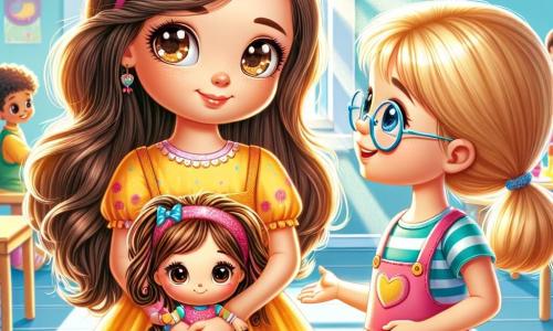 Una ragazza di 6 anni, di nome Giulia, si trova al centro dell'immagine. Ha lunghi capelli castani, occhi vivaci e un sorriso timido ma determinato. Indossa un vestito giallo brillante con motivi floreali colorati e tiene una piccola bambola tra le braccia, mostrando emozioni di coraggio e speranza. Alla sua destra, un'altra ragazza, Sofia, anch'essa di 6 anni, con capelli biondi e occhiali rotondi, sorride calorosamente a Giulia, pronta a invitarla a giocare. Il contesto è un'aula luminosa, con pareti dipinte di azzurro chiaro, disegni di bambini appesi e banchi di legno colorati. I raggi di sole filtrano dalle finestre, illuminando lo spazio. La scena principale mostra Giulia e Sofia che discutono allegramente, mentre altri bambini sullo sfondo si divertono insieme, creando un'atmosfera di amicizia e sostegno.
