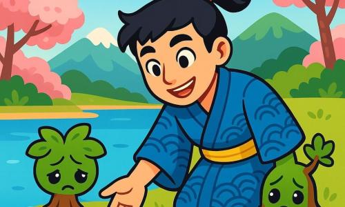 Un giovane di nome Takeshi, di circa 20 anni, si trova al bordo di un lago scintillante, con occhi pieni di determinazione e un sorriso caloroso. Indossa un kimono tradizionale blu, decorato con motivi di onde, e i suoi capelli neri sono raccolti in una coda di cavallo. Takeshi sta allungando la mano verso un magnifico loto rosa che galleggia sulla superficie dell'acqua, il suo viso irradia speranza. Accanto a lui, un obake, uno spirito a forma di piccolo albero, appare triste e vulnerabile, con foglie verdi e occhi dolci, osserva il loto con una luce di speranza. Il paesaggio è un lago tranquillo circondato da montagne verdi, con ciliegi in fiore che aggiungono un tocco di rosa. Il cielo è di un blu brillante, punteggiato da nuvole bianche e soffici. La scena principale mostra Takeshi, determinato a salvare il suo amico obake, mentre allunga la mano verso il loto, simbolo di bontà e generosità, pronto a spezzare l'incantesimo che lo tiene prigioniero.