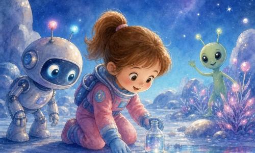 La protagonista es Ana, una joven alegre de rostro redondo y coleta, con traje espacial rosa y azul, arrodillada recogiendo agua en un frasco de una charca brillante; detrás la vigila Robi, un pequeño robot metálico de ojos luminosos y antenas parpadeantes, y junto a un matorral de plantas luminosas un pequeño extraterrestre verde de grandes ojos saluda amistosamente; el paisaje es un planeta azul con suelo liso, charcas espejadas, plantas fosforescentes rosas y violetas, rocas redondeadas con polvo plateado y un cielo estrellado, atmósfera de aventura tranquila y respeto por el planeta.