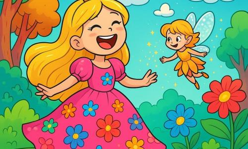 Una princesa alegre, de unos 8 años, con largos cabellos dorados brillantes como el sol, lleva un vestido rosa brillante adornado con flores multicolores. Ríe a carcajadas, con los ojos brillando de emoción, mientras baila en una colina verde. A su lado, un hada traviesa, pequeña y luminosa, con alas brillantes y un vestido hecho de pétalos de flores, vuela a su alrededor lanzando chispas de magia. Al fondo, se despliega un paisaje encantador: árboles gigantes con troncos coloridos, flores gigantes de tonos vivos y un cielo azul salpicado de nubes con forma de caramelos. La escena representa la fiesta mágica que la princesa y las hadas organizan, llena de risas y colores vibrantes, donde la alegría y la amistad iluminan el reino encantado.