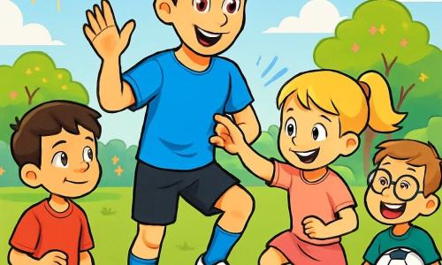 Ein Mann, Leo, steht im Mittelpunkt des Bildes, lächelnd mit funkelnden Augen vor Aufregung. Er trägt ein leuchtend blaues Fußballtrikot, schwarze Shorts und weiße Sportschuhe. Er zeigt den Kindern, wie man den Ball dribbelt, mit einer dynamischen Handbewegung. Um ihn herum sind mehrere Kinder im Alter von 8 bis 10 Jahren. Ein Junge mit braunen Haaren in einem roten T-Shirt schaut Leo bewundernd an, während ein Mädchen mit blonden Haaren in einem rosa Sportrock versucht, seine Bewegungen mit einem breiten Lächeln nachzuahmen. Ein anderer Junge mit Brille und einem grünen Trikot lacht und hält einen Fußball unter dem Arm. Die Szene spielt auf einem grünen Fußballfeld, umgeben von blühenden Bäumen und einer kleinen Schule im Hintergrund. Der Himmel ist blau mit einigen fluffigen weißen Wolken, und die Sonne scheint, was eine fröhliche und ausgelassene Atmosphäre schafft. Leo lehrt die Kinder die Bedeutung von Teamarbeit und Kommunikation und zeigt Fußballgesten, was eine Atmosphäre von Kameradschaft und Lernen schafft.