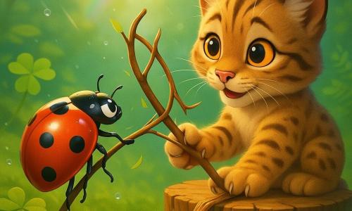 Una pequeña mariquita roja brillante con siete puntos negros ayuda a liberar la pata enredada de un cachorro de lince atigrado color leonado que la mira con alivio en un claro de bosque exuberante con musgo, helechos, gotas de lluvia y un fino arcoíris, ambiente cálido y benevolente, colores vivos.