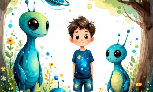 Ein 10-jähriger Junge namens Lukas mit zerzausten braunen Haaren und neugierigen Augen steht im Mittelpunkt des Bildes. Er trägt ein blaues T-Shirt mit Sternenmuster und eine Jeansshorts, während er mit einem breiten Lächeln voller Staunen ein kleines, leuchtendes Raumschiff betrachtet, das gerade in seinem Garten gelandet ist. Neben ihm stehen zwei freundliche Außerirdische. Zoggy, der Größere, hat schimmernd grüne Haut, runde Augen und ein warmes Lächeln, während Blip, der Kleinere, blau ist und lustige Antennen auf dem Kopf hat. Beide scheinen von ihrer neuen Umgebung auf der Erde fasziniert zu sein. Lukas' Garten ist mit bunten Blumen und glänzenden Blättern von Bäumen gefüllt, unter einem Dämmerungshimmel, in dem die Sterne zu funkeln beginnen. Im Hintergrund zeichnet sich die Silhouette einer futuristischen Stadt mit modernen Gebäuden und blinkenden Lichtern ab. Die Hauptsituation zeigt Lukas, Zoggy und Blip, die sich zum ersten Mal treffen, mit Ausdrücken von Freude und Neugier, während sie gemeinsam eine Welt voller Überraschungen und Freundschaft entdecken.