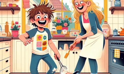 Een 9-jarig jongetje, Max, met rommelig bruin haar en een grote glimlach op zijn gezicht, staat in het midden van de keuken, omringd door bloem en verspreide ingrediënten. Hij draagt een kleurrijk t-shirt en een iets te grote schort, wat hem nog schattiger maakt. Naast hem staat zijn moeder, Lotte, een vrouw van in de dertig met lang blond haar, die haar zoon met een vrolijke en trotse blik observeert. Ze draagt een casual broek en een licht topje, en staat dicht bij het fornuis, klaar om hem te helpen terwijl ze om de situatie lacht. De keuken is licht en uitnodigend, met gele muren en ramen die zonlicht binnenlaten. Kleurrijke bloempotten staan op de vensterbank, en er hangt een heerlijke geur van pannenkoeken in de lucht. Max, met een uitdrukking van opwinding en vastberadenheid, probeert een pannenkoek in de pan om te draaien, maar deze glijdt en valt op de grond, wat een algemene lachbui teweegbrengt. Het is een vrolijk en chaotisch moment, vol liefde en saamhorigheid tussen moeder en zoon.