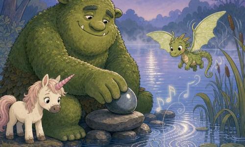 An ogre named Moss, tall and round with moss-velvet green skin and a gentle tired smile, sits at the edge of Lullaby Lake placing a large shiny stone rhythmically on a flat rock while a cat-sized dragon called Pip with translucent leaf-colored wings flutters above the reeds to his right and a tiny cream-colored unicorn named Nini with a muddy snout and pink spiral horn stands shyly by his left knee; the twilight scene is bathed in soft bluish light with silver moon reflections, ribbon-like reeds, rounded lilies and a light milky mist as the lake, half-mirror half-embroidery, begins to sing softly to the added sounds of wings and hoofsteps.