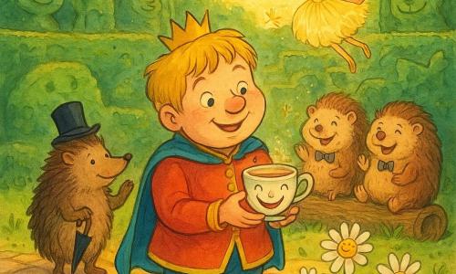 Prince Pipkin appears at the center with a round, chubby face, strawberry nose, tufted light-blond hair and a joyful, mischievous expression, tilting his head and holding delicately a small laughing teacup; to his left Sir Hedgehog, an anthropomorphic hedgehog in a top hat with shiny quills, curious eyes, a miniature umbrella and a tip of his hat; three secondary hedgehogs in bowties and monocles sit on a stump in the background, round and fluffy brown-and-cream, laughing and clapping; Tilly Tickle, a fairy girl of about ten, flies just above in a pale dandelion-dust dress with iridescent translucent wings, scattering glowing seeds like confetti; daisies with flexible stems and white petals dance around the prince, some holding a leaf as if applauding; the scene is set in the heart of a hedge maze sculpted into smiling animal shapes, emerald green, on colorful paved tiles with golden sunset light, hanging lanterns and floating dandelion fluff; main moment: a warm, comic scene as the prince has found the 