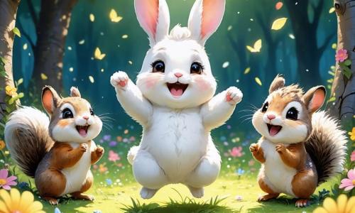 Un pequeño conejo de pelaje blanco como la nieve, con grandes ojos brillantes y mejillas rosas, baila alegremente en medio de un círculo de flores coloridas, expresando una inmensa alegría y emoción. A su lado, una pequeña ardilla de pelaje marrón claro, con una cola esponjosa, sonríe agitando los brazos, llena de entusiasmo, mientras una risa se escapa de sus labios. Un erizo de púas doradas, con ojos traviesos, hace movimientos de baile cómicos, añadiendo un toque de humor a la escena. El decorado es un hermoso jardín del Bosque de los Colores, donde árboles de follaje multicolor se alzan bajo un cielo azul brillante, y flores de todos los tonos florecen, creando una atmósfera festiva y acogedora. La situación principal muestra a los tres amigos preparando una danza para el Festival de la Diversidad, celebrando sus diferencias con movimientos alegres y risas, rodeados de la belleza de la naturaleza que los inspira.