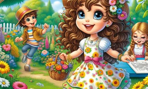 Una niña de 9 años, llamada Sofía, con grandes ojos curiosos y cabello rizado castaño, lleva un vestido colorido con flores amarillas. Sonríe alegremente, sosteniendo una cesta llena de flores mientras corre por un jardín en plena floración. A su lado, su mejor amigo Tomás, un niño de 10 años con un sombrero de paja y gafas de sol, ríe sosteniendo un mapa del tesoro. Clara, una niña de 9 años con trenzas rubias, está sentada en la hierba, dibujando el jardín con lápices de colores. El jardín es un lugar mágico, lleno de flores brillantes de todos los colores, grandes árboles verdes y un cielo azul claro con nubes blancas esponjosas. En el centro de esta escena, Sofía y sus amigos participan en una alegre búsqueda del tesoro de primavera, buscando tesoros escondidos mientras ríen y se divierten juntos.