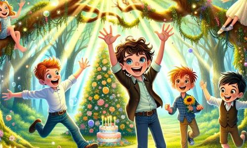 In a sunny clearing of the enchanted forest, Max, a nine-year-old boy with curly brown hair and sparkling blue eyes, stands in the center with a big smile on his face, surrounded by his friends. To his right, Sam, a boy with messy red hair and freckles, raises his arms in excitement. To the left, Leo, a tall and thin boy with glasses, watches the scene with a look of wonder. Finally, Oliver, an energetic boy with short black hair, jumps for joy with his arms raised. Behind them, a majestic tree adorned with sparkling lights and colorful garlands stands proudly, while a table filled with birthday treats like cupcakes and a large sunflower-decorated cake is set at the foot of the tree. The scene exudes a magical party atmosphere, with fairy creatures joyfully dancing around them, bubbles floating in the air, and rays of sunlight filtering through the leaves, creating an enchanting tableau of joy and friendship.