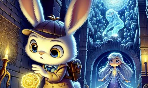 In a vast and mysterious basement of the old town clock, a small detective rabbit named Bunbury stands at the center of the scene. With his bright white fur, large floppy ears, and sparkling determined eyes, he curiously gazes at a shimmering amulet on a pedestal. Beside him, Elara, a young enchantress with silver hair and bright eyes, is ready to defend the amulet. She wears a flowing dress adorned with star patterns and has a focused expression, her hand glowing with magic. The atmosphere is filled with sparkling crystals and ancient engravings on the walls, while a menacing shadow looms in the background, adding palpable tension to the scene. Bunbury and Elara are united in their quest to protect the amulet, prepared to face the danger that awaits them.