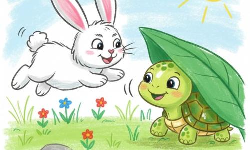 A small smiling turtle with a shiny green-and-yellow shell peeks from under a large leaf while a white fluffy rabbit with pink ears hops nearby searching; a bright garden of green grass, red and blue flowers, a gray rock and a pale blue sky with a smiling yellow sun set the scene for a cheerful hide-and-seek, drawn with soft pencil strokes and rounded outlines.