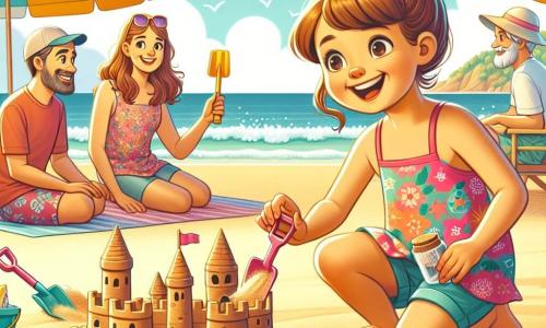 O fetiță de 4 ani, cu părul lung și brunet și ochii strălucind de bucurie, construiește un castel de nisip pe o plajă însorită. Ea poartă un costum de baie colorat și o șapcă mică. Fața ei radiază de entuziasm în timp ce folosește o mică lopată pentru a modela nisipul. Lângă ea, mama ei, o femeie de aproximativ 30 de ani cu părul castaniu prins în coc, zâmbește în timp ce o observă, ținând un prosop de plajă într-o mână și o sticlă de apă în cealaltă. Puțin mai departe, tatăl ei, un bărbat de aproximativ 30 de ani cu o barbă ușoară și ochelari de soare, săpa o groapă în nisip pentru a crea un șanț în jurul castelului, râzând la vederea fiicei sale. Locul este o frumoasă plajă aurie, cu valuri blânde care se sparg pe țărm, umbrele colorate plantate în nisip și scoici împrăștiate ici și colo. Cerul este de un albastru strălucitor, presărat cu câteva nori albi pufoși. Situația principală o arată pe fetiță concentrându-se pe castelul de nisip, înconjurată de familia ei, toți zâmbind și fericiți, bucurându-se de o zi perfectă de vară la mare.