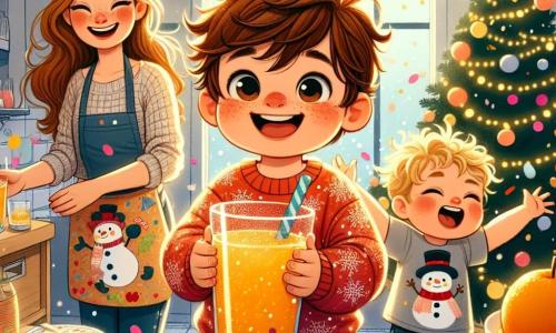 Un niño de 3 años, Lucas, con cabello castaño desordenado y mejillas rosas, sonríe con asombro mientras sostiene un gran vaso de jugo de manzana, rodeado de confeti de colores. Lleva un pequeño suéter rojo con un muñeco de nieve y pantalones de mezclilla. A su lado, su mamá, una mujer sonriente de unos 30 años, con cabello largo castaño y un delantal colorido, decora la mesa con platos festivos. Un poco más lejos, su amigo Tomás, un niño de 4 años con cabello rubio y ojos brillantes, se divierte lanzando confeti al aire, riendo a carcajadas. La escena tiene lugar en una sala acogedora, decorada con guirnaldas luminosas y un gran árbol de Navidad adornado con bolas de colores. La luz suave de las lámparas crea un ambiente festivo y acogedor, mientras que un gran reloj en la pared indica que se acerca el Año Nuevo. La situación principal muestra a Lucas y sus amigos en plena celebración del Año Nuevo, contando juntos hacia la medianoche, rodeados de risas, pasteles y la emoción de la fiesta.