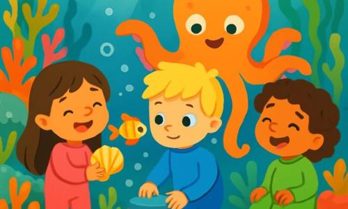 There are 4 children: Asha, a 4-year-old girl with long brown hair wearing a pink wetsuit, smiling joyfully while holding a shiny seashell, standing on the left; Ben, a 4-year-old boy with messy blonde hair in a blue wetsuit, curiously watching a colorful little fish swimming near him, standing in the center; Lila, a 4-year-old girl with curly hair in a green wetsuit, sitting on a rock, laughing and watching the other children on the right; and an octopus, a friendly sea creature with colorful arms, helping the children carry small pebbles, standing just behind Ben. The setting is a magical underwater garden filled with brightly colored corals, swaying sea plants, and shimmering fish swimming around them, with rays of light filtering through the water, creating a soft and enchanted atmosphere. The main scene shows the children building a new step using colorful pebbles, with bubbles escaping around them while a curious little crab watches them with bright eyes.