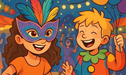 Ein 12-jähriges Mädchen, Leni, mit lockigem braunem Haar trägt eine wunderschöne, mit bunten Federn und glitzernden Pailletten verzierte Karnevalsmaske. Sie hat ein strahlendes Lächeln, ihre Augen funkeln vor Aufregung und Neugier, während sie fröhlich mitten in den Festlichkeiten tanzt. Neben ihr steht Tom, ein 12-jähriger Junge mit zerzausten blonden Haaren, der ein buntes Clownskostüm trägt und lacht, während er Luftballons schwenkt. Sie befinden sich auf einem belebten Platz, umgeben von Ständen, die mit Lichtergirlanden und leuchtenden Blumen geschmückt sind, wo Menschen in verschiedenen Kostümen tanzen und Spaß haben. Die Szene ist voller lebendiger Farben, schwebendem Konfetti und funkelnden Laternen, die eine festliche und magische Atmosphäre schaffen. Leni und Tom tanzen zusammen, gefesselt von der Magie des Karnevals, umgeben von Lachen und fröhlicher Musik.