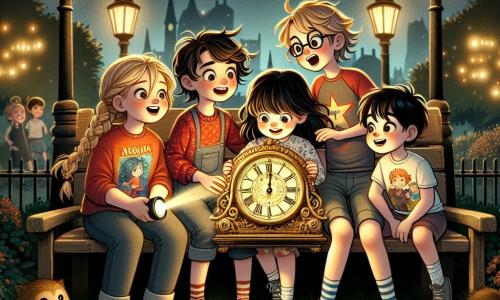 En un parque iluminado por farolitos brillantes, cinco niños se reúnen alrededor de un viejo banco de madera. Luisa, una niña de 11 años con trenzas y una camiseta de superhéroe, sostiene un hermoso reloj dorado en sus manos, su rostro radiante de emoción. Junto a ella, Diego, su hermano de 8 años con el cabello desordenado y un suéter rojo, mira el reloj con ojos muy abiertos, listo para pedir un deseo. Carla, una niña de 10 años con cabello rubio y un vestido de flores, se agacha cerca del banco, sonriendo y escuchando atentamente. Tomás, un niño de 9 años alto y delgado con gafas, está de pie con los brazos cruzados, contando un chiste que hace reír a todos. Finalmente, Lucas, un niño de 11 años con cabello negro y una camiseta de videojuego, está sentado en el borde del banco, sosteniendo una linterna que ilumina el reloj. El parque está lleno de hojas doradas que caen de los árboles, y el cielo está salpicado de estrellas brillantes. En la distancia, se pueden ver fuegos artificiales estallando, iluminando la noche. La escena principal muestra a los niños haciendo deseos juntos, rodeados de magia y amistad, listos para recibir el nuevo año con sueños y risas.