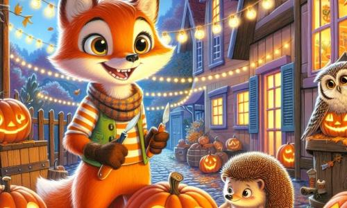 Ein kleiner schlauer Fuchs namens Finn mit leuchtend orangefarbenem Fell und schelmischen Augen steht fröhlich im Zentrum eines für Halloween dekorierten Dorfes, umgeben von lächelnden Kürbislaternen. Er lächelt breit und zeigt seine kleinen weißen Zähne, während er ein Kürbisschnitzmesser hält. Neben ihm sitzt die weise alte Eule Edda mit braunen Federn und runden Brillen, die die Szene amüsiert und wohlwollend beobachtet, während sie auf einem Ast sitzt und bereit ist, Geschichten zu erzählen. Ein kleiner Igel mit moosbedeckten Stacheln kuschelt sich an Finns Pfoten und zeigt eine Mischung aus Aufregung und leichter Nervosität, während er die beleuchteten Kürbisse ansieht. Der Ort ist ein charmantes Herbstdorf mit Holzhäusern und bunten Fensterläden, goldenen Blättern, die von den Bäumen fallen, und funkelnden Lichtergirlanden, die in der frischen Nachtluft hängen. Die Hauptsituation zeigt Finn und seine Freunde, die ihren Stand mit beleuchteten Kürbissen für Halloween vorbereiten, umgeben von Kinderlachen und dem Glanz der Laternen, was eine warme und festliche Atmosphäre schafft.