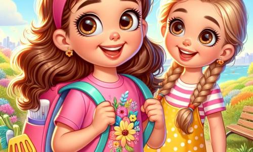 Una bambina di 4 anni, di nome Giulia, con grandi occhi brillanti e capelli ricci castani, sorride felicemente tenendo uno zaino colorato. Indossa una maglietta rosa con un motivo floreale e un bermuda di jeans. Giulia sta raccogliendo rifiuti in un parco soleggiato, con un'espressione determinata e felice sul volto. Accanto a lei, la sua migliore amica Sofia, anch'essa di 4 anni, ha capelli biondi intrecciati e indossa un vestito giallo a pois. Tiene un guanto da giardinaggio e un sacchetto di plastica per raccogliere i rifiuti, guardando Giulia con entusiasmo. Il parco è verdeggiante, pieno di alberi maestosi, fiori colorati e un cielo blu splendente. Farfalle volano attorno a loro, aggiungendo magia alla scena. La situazione principale mostra Giulia e Sofia mentre puliscono il parco, ridendo e divertendosi mentre raccolgono bottiglie e carta, trasformando il luogo in uno spazio pulito e accogliente.