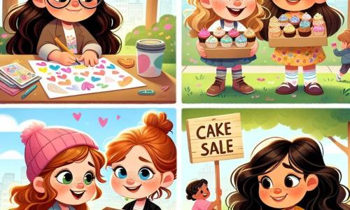 In a sunny park, four young girls stand together, united by friendship. Mia, a 10-year-old with long brown hair and round glasses, holds a colorful drawing filled with hearts and flowers. Next to her, Zoe, a 9-year-old with curly blonde hair, smiles joyfully while holding a box of cupcakes decorated with sprinkles. Lily, a 10-year-old with red hair and freckles, is placing a wooden sign that says 