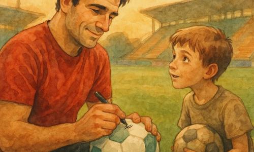 A professional footballer with a square face and tousled black hair, thoughtful yet warm expression with a soft smile and bright eyes, signing a white-and-green ball on his knees; a roughly 10-year-old boy with light brown hair and a worn T-shirt, holding a scuffed ball and leaning slightly toward the player with wide, admiring eyes; background: a large empty stadium at sunset with ochre-and-green stands, blurred advertising boards, lights off, and shiny green grass with boot prints; the main scene: a tender, intimate exchange at pitchside in golden evening light, calm and inspiring atmosphere with soft watercolor washes and visible paper textures.