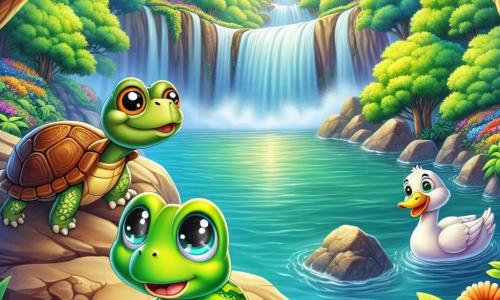 Een klein amfibisch figuur met een stralende groene huid en ronde, sprankelende ogen staat op de rand van een grote rots die uitkijkt op een prachtige waterval. Hij lijkt zowel opgewonden als nerveus, klaar om te springen, maar er glinstert een twijfel in zijn blik. In de buurt observeert een wijze schildpad met een bruine schild en ondeugende ogen de scène bezorgd vanuit een breed loof. Ze lijkt zich zorgen te maken, alsof ze het kleine amfibium wil waarschuwen om niet te springen. Een andere figuur, een eend die vrolijk in het water zwemt, heeft witte veren en een stralende gele snavel. Ze glimlacht en moedigt het kleine amfibium aan om te springen, terwijl ze enkele meters onder hem staat, klaar om hem in het water op te vangen. De locatie is een mooie, groene vallei met kleurrijke bloemen langs de rivieroevers en zonnestralen die door de bladeren van de bomen filteren, wat een magische en speelse sfeer creëert. De hoofdscène toont het kleine amfibium dat aarzelt om van de rots te springen, omringd door zijn vrienden die tegenstrijdige emoties uitdrukken, tussen aanmoediging en bezorgdheid, wat het cruciale moment illustreert waarop hij moet beslissen om zijn angsten onder ogen te zien en zich in het onbekende te storten.