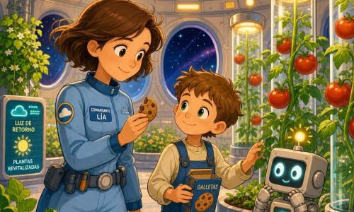 La protagonista es la comandante Lía, mujer sonriente y serena de cabello corto, con traje espacial azul claro y una mitad de galleta en la mano mirando con ternura las plantas; a su lado está Miro, un niño de unos 9 años con salopeta manchada que sostiene una caja de galletas y acaricia una hoja de tomate, y cerca, sobre un banco, el pequeño robot caja Pipo con ojos luminosos observa curioso y emite una luz alegre; la escena transcurre en el invernadero circular de la Arca Nube-7, con grandes ventanas a las estrellas, filas de plantas y tomates en tubos transparentes, luces cálidas y tuberías visibles, mostrando la reactivación de los sistemas, plantas revitalizadas y una atmósfera cálida, segura y amistosa, con colores vivos y estilo infantil.