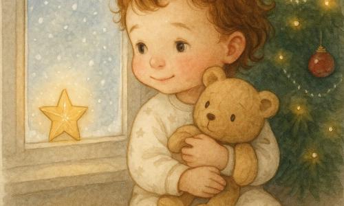 Bambina di 2 anni con sguardo meravigliato e sorriso timido, guance rosate, capelli corti castani ondulati, in pigiama di lana crema con piccole stelle, stringe un pupazzo di peluche beige dai occhi ricamati neri; una stellina di carta dorata sul davanzale leggermente spiegazzata attira lo sguardo verso l’esterno; vicino un albero di Natale con rami verde scuro, palline rosse e ghirlande dorate e luci calde; finestra ghiacciata su paesaggio innevato; la bambina è seduta su un cuscino vicino all’albero, tiene il pupazzo e guarda la stellina con un’espressione di dolce attesa come se ascoltasse un leggero tintinnio di campanella.
