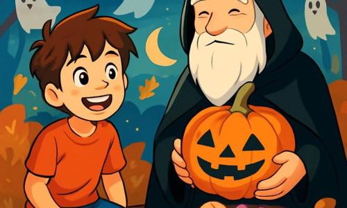 Un ragazzo di 12 anni, Tommaso, con i capelli castani disordinati e gli occhi brillanti di curiosità, è seduto su un tronco d'albero, con un grande sorriso sul volto, circondato da caramelle colorate e decorazioni di Halloween. Accanto a lui, un uomo anziano, il custode del bosco, con una lunga barba bianca e un mantello nero, sorride gentilmente mentre tiene una grande zucca decorata. La scena si svolge in una radura incantata, illuminata dalla dolce luce della luna, con alberi dalle foglie dorate e ombre danzanti create da lanterne di carta. Fantasmi di carta fluttuano dolcemente nell'aria, aggiungendo un tocco magico all'atmosfera. Tommaso e il custode del bosco preparano insieme una tavola di dolcetti di Halloween, piena di biscotti a forma di fantasmi e caramelle scintillanti, mentre risate di bambini risuonano in lontananza, promettendo una serata piena di sorprese e avventure.