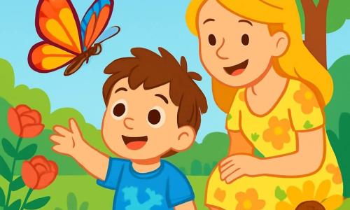 Ein 4-jähriger Junge mit unordentlichen braunen Haaren und großen neugierigen Augen sitzt in einem sonnigen Garten, ein staunendes Lächeln auf seinem Gesicht. Er trägt ein blaues T-Shirt mit Dinosauriermotiven und eine gelbe Shorts. Neben ihm kniet seine Mama, eine etwa 30-jährige Frau mit langen blonden Haaren, die ihn liebevoll anlächelt und ein leichtes Blumenkleid trägt. Der Garten ist voller bunter Blumen wie roten Rosen, gelben Sonnenblumen und zarten Veilchen. Im Hintergrund steht ein großer grüner Baum, der Schatten und ein Gefühl von Sicherheit bietet. Der Junge beobachtet einen großen, wunderschönen Schmetterling mit bunten Flügeln, der sanft um ihn herumfliegt. Zunächst zögerlich, streckt er seine Hand mit einem faszinierten Blick aus, bereit, seine Angst zu überwinden und diesen neuen Freund willkommen zu heißen.