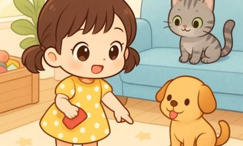 A 2-year-old girl with short brown pigtails, round bright eyes, a chubby face and curious smile, wearing a yellow dress with white polka dots, holds a small red toy and points at a trail of red crumbs on the light wood floor; a small round golden dog with floppy ears sits near a basket by the sky-blue sofa, tongue out and looking proud; a grey tabby cat with green eyes sits on the sofa back watching; the bright living room has a beige star rug, an overflowing toy box and a green plant by the window—the girl follows the crumb trail like an enthusiastic detective, the dog acts as her accomplice and the cat observes.