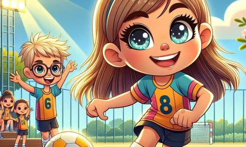 Ein 8-jähriges Mädchen, Mia, mit langen braunen Haaren und strahlenden Augen dribbelt einen Handball auf einem sonnigen Sportplatz. Sie trägt ein buntes Trikot und Shorts, lächelt breit und ist voller Energie und Entschlossenheit. An ihrer Seite ermutigt ihr Freund Max, ein 8-jähriger Junge mit blonden Haaren und Brille, sie mit einem Daumen nach oben, während er an der Seitenlinie steht und aufgeregt zuschaut. Im Hintergrund trainiert und spielt eine Gruppe von Kindern aus Mias Mannschaft, die alle gleichfarbige Trikots tragen, was eine Atmosphäre der Kameradschaft schafft. Der Platz ist von Grün umgeben, mit blühenden Bäumen und einem klaren blauen Himmel, während begeisterte Zuschauer auf den Rängen applaudieren. Die Hauptsituation zeigt Mia in Aktion, bereit, den Ball zu einer Mitspielerin zu passen, und fängt den Geist des Sports und der Freundschaft ein.