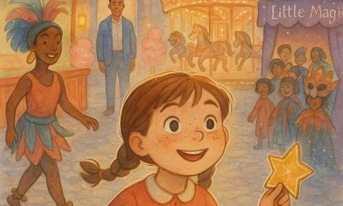 An 8-year-old girl with braided brown hair, a round freckled face and a delighted smile holds a coin pouch and a golden star-shaped ticket as she walks toward a carnival square at dusk; her father (about 35, in a simple blue suit) watches kindly from the street entrance while a young female parade dancer with a large feathered hat and ankle bells smiles in the left foreground; the cobbled square is hung with colorful paper garlands, painted wooden stalls and warm lanterns with the scent of cotton candy hinted, and the girl hesitates between three lively attractions: a masked parade on the left, an illuminated carousel with carved horses in the center, and a purple tent labeled "little magic" on the right.
