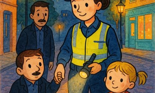 O polițistă calmă și zâmbitoare, cu față blândă, păr șaten prins în coc, poartă șapcă albastră și vestă reflectorizantă, ține o lanternă mică aprinsă și un carnet; o fetiță de 4 ani, mică, rotundă, cu părul blond în codițe, puțin timidă dar liniștită, îi ține mâna polițistei la dreapta; un coleg adult, ~35 ani, cu mustață fină și vestă închisă, stă ușor în spate la stânga; stradă de cartier la amurg, trotuar pietruit, felinare cu lumină caldă, vitrine pastelate; scena: polițista îi arată fetiței o hartă și îi zâmbește, atmosferă calmă, sigură și primitoare.