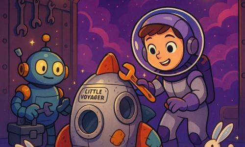 The heroine is a young female astronaut named Nova with a round smiling face, bright eyes and short brown hair under a clear helmet, wearing a silver and purple spacesuit, holding an orange wrench as she polishes a panel of the small ship; the robot Sparky is squat metallic with sky-blue and yellow paint, round blinking lamp-eyes, holding a toolbox and offering a part, positioned left and slightly behind Nova; several fluffy white space rabbits with translucent, star-dust-sparkling long ears bounce joyfully around the ship in a circle; the small ship 