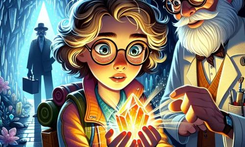 Clara, uma jovem exploradora com cabelos cacheados e dourados, e olhos brilhantes de curiosidade, está no centro da cena, com o rosto iluminado pelo brilho de um cristal mágico que segura nas mãos. Ela veste uma jaqueta colorida e uma mochila cheia de ferramentas de exploração, e sua expressão revela determinação misturada com deslumbramento. Ao seu lado, o Professor Alvim, um homem de cerca de 60 anos, com uma longa barba branca e óculos redondos, observa o cristal com admiração. Ele usa um jaleco de laboratório e um chapéu de pesquisador, mantendo-se ligeiramente atrás, pronto para apoiar Clara em sua aventura. Ao fundo, a caverna das sombras é lindamente ilustrada, com paredes brilhantes de cristais e sombras misteriosas projetadas pela luz do cristal. Estalactites pendem do teto, e uma fonte de luz radiante emana do cristal, iluminando o espaço escuro ao redor deles. A situação principal mostra Clara e o Professor Alvim confrontando o Senhor Obsidian, uma silhueta escura e ameaçadora, que emerge das sombras, pronta para reivindicar o cristal. A atmosfera está carregada de tensão, com um jogo de luz e sombra que acentua o momento dramático da descoberta e proteção do Coração de Lúmen.