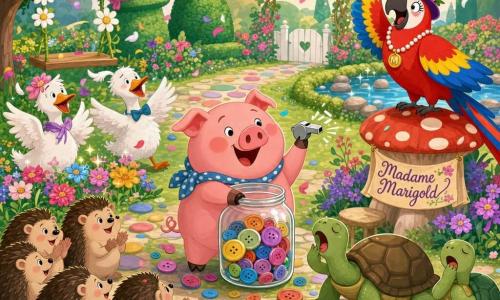 A round smiling pink pig with an upturned snout and rosy cheeks holds a small silver whistle and collects shiny buttons into a glass jar; a large colorful parrot, Madame Marigold, with red, yellow and blue feathers perches on a mushroom podium to the right, theatrically gesturing and opening her beak as if narrating; a group of shy round hedgehogs forms a semicircle bottom left applauding, two green-and-brown shelled turtles yawn beside them, and two slightly messy white geese fuss near a bed of sparkling flowers with confetti-like petals swirling; the scene is a luminous whimsical garden with colorful pebble paths, daisy swings, hat-shaped bushes and a small pond with gleaming stones under a pastel sky with round clouds, the main action showing the pig cheerfully tidying center while the parrot narrates and the animals create a joyful mix of orderly tidying and falling accessories, flower confetti and playful objects in motion.