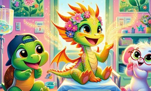 Primrose, a small dragon with shimmering, color-changing scales, is sitting on a hospital bed, her scales glowing with a warm golden hue, expressing joy and excitement. She blows magical bubbles that transform into sparkling stars, floating around her lightly. Next to her, Timmy, a green turtle wearing a baseball cap, smiles widely, his eyes sparkling with happiness. He holds a set of colorful cards, ready to play with Primrose. On the other side, Molly, a small mouse with big glasses, enthusiastically claps her tiny paws in joy. The scene takes place in a bright hospital room, decorated with colorful walls featuring drawings of animals and flowers. A large window lets in sunlight, illuminating the flower garden outside, where a lovely fountain can be seen. The main situation shows Primrose, surrounded by her friends, having fun and creating magical bubbles, celebrating their friendship and the magic of healing in a warm and welcoming environment.