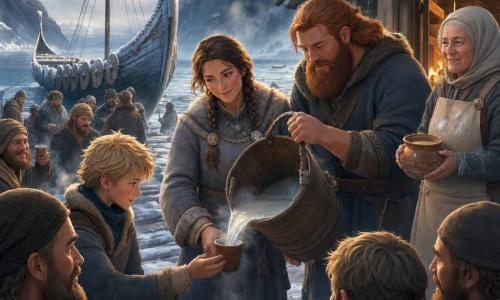 Sigrid, an adult woman with Nordic features, braided brown hair, rosy cheeks from the cold and a gray wool and fur coat, holds a steaming wooden bucket and pours hot water into cups; to her left Leif, a curious lively 12-year-old boy with tousled blond hair, watches the steam while holding a cup; to her right Hakon, a broad-shouldered man of 35–40 with a thick red beard and callused hands, steadies the bucket, and behind them Jorunn, a gentle 60-year-old woman with a flour-dusted apron, stands by the hearthhouse entrance holding an ointment pot; they are on a partially snow-covered wooden quay beside a fjord with a frost-covered drakkar and dark mountains in the background, steam and mist rising as the group of chilled sailors share hot drinks in a warm, solidaristic winter scene.