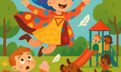 Super Lalla, una donna gioiosa con capelli arcobaleno e un grande sorriso, fluttua nell'aria mentre fa una pirouette, il suo cappotto a pois che svolazza intorno a lei. Ai suoi piedi, un bambino di 5 anni con guance rosa e una maglietta blu guarda in alto con occhi sgranati, tenendo un cono gelato che gli è scivolato dalle mani. Non lontano, un cane marrone con grandi orecchie corre abbaiando gioiosamente, cercando di catturare una piuma che vola via. La scena si svolge in un parco soleggiato, pieno di fiori colorati e alberi verdi, con bambini che giocano e ridono intorno a un grande parco giochi. Super Lalla, in azione, fa ridere tutti con le sue acrobazie aeree, creando un'atmosfera di gioia e magia.